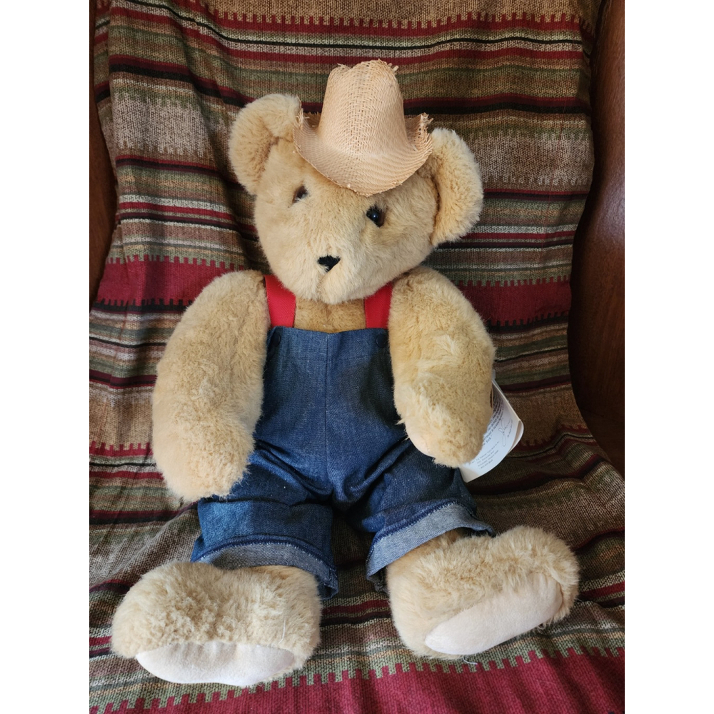 Vintage 1991 Jointed Vermont Teddy Bear "Poppa Bear"‎ Overalls & Straw Hat